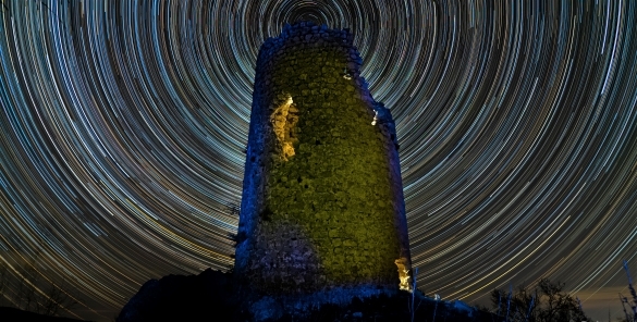 Moorish watchtower and startrail night sky photography Spain 