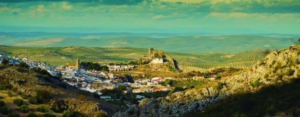 View of Luque white village and castle in the Subbetica