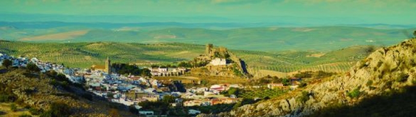 View of Luque white village and castle in the Subbetica